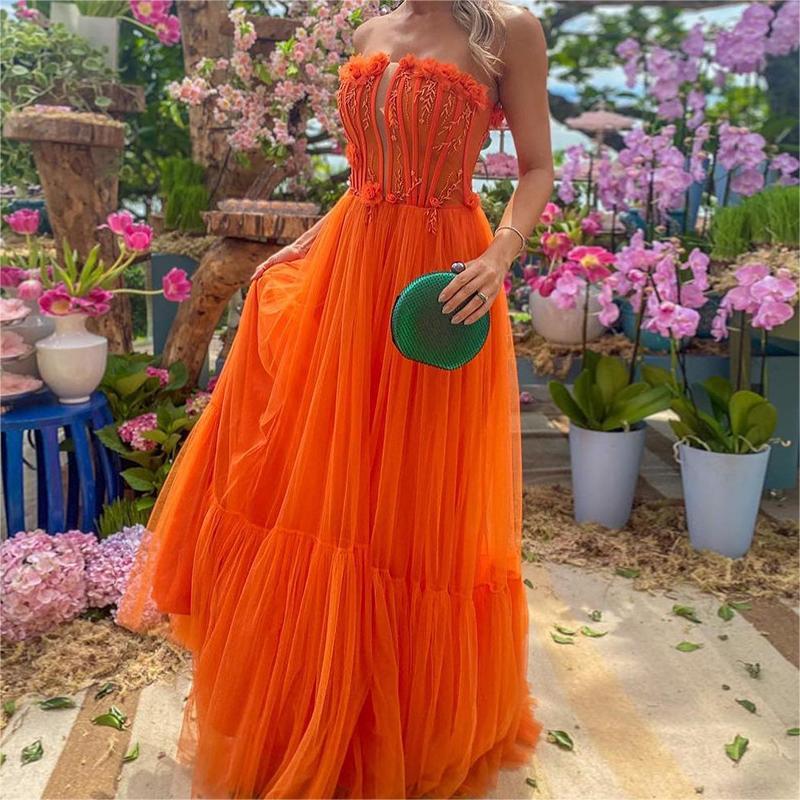 Strapless Tulle Floor Length  Modern Hand Made Flower Applique Formal Dress Even