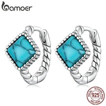 BAMOER 925 Silver Blue Square Turquoise Ear Buckles for Women Simple Style Twist - $21.85