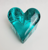 Vintage Fire and Light Aqua Blue Heart Recycled Art Glass Paperweight Signed - £79.28 GBP
