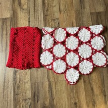 Set of 2 Vintage Handmade Crocheted Dresser Scarves - Red and White - £8.59 GBP