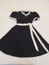 Vintage Handmade Little Girls Black Satin Dress white details zip up - $30.96