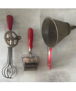 3 Vtg Wood Handle Kitchen Tool Decortions Egg Beater, Funnel &amp; Pasta Cutter - $17.99