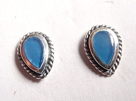 Chalcedony Cabochon Rope Style Accents Stud Earrings 925 Sterling Silver - $12.59