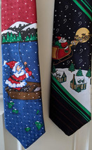 2  Holiday Hallmark Mens Tie Christmas Reindeer Santa Up On Roof Top &amp; Fishing - £6.36 GBP