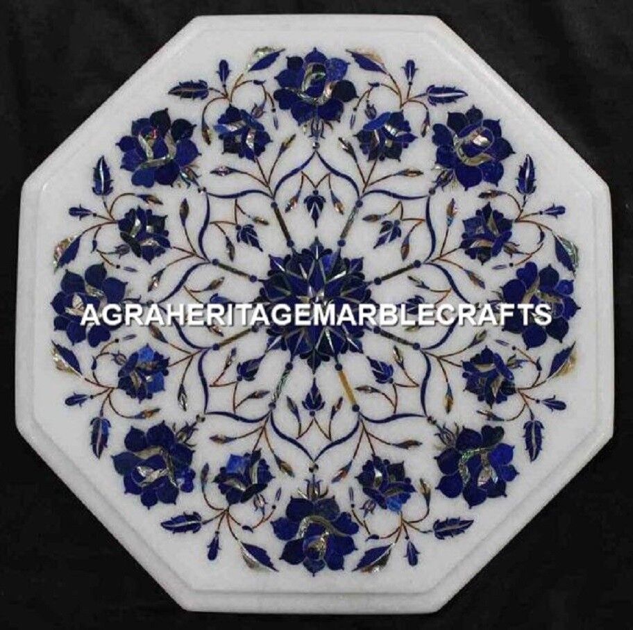 12&#39;&#39; White Marble Top Coffee Table Tops, Lapis Floral Inlay Marquetry Ho... - $298.30