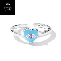 Genuine Sterling Silver 925 Lucky Evil Eye Heart Adjustable Ring With Enamel CZ - £15.83 GBP