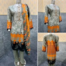 Pakistani Gray Straight Shirt 3-PCS Linen Suit w/ Threadwork,Medium - $84.15