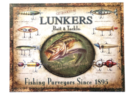 Lunkers Bait and Tackle Tin Sign Antique Fishing Lures 12.5 x 16 inch Retro - £15.95 GBP