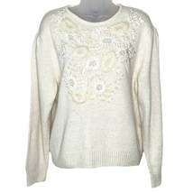 VINTAGE cream embellished &amp; embroidered silk angora wool grandmacore swe... - £32.75 GBP