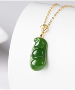 Jasper Four Bean Authentic Spinach Green Hetian Jade 18K Gold Inlay Pend... - £80.67 GBP