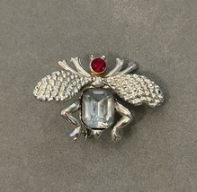 Vintage Red &amp; Light Blue Rhinestone Bee Brooch Pin Silvertone - $7.92