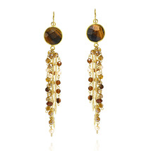 Enchanted Brown Tigers Eye Stone and Crystal Chain Tassel Dangle Earrings - £15.81 GBP