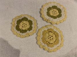 Vintage Set Of 3 Handmade Crocheted Sunflower Hot Pads / Potholders / Doilies - £10.95 GBP