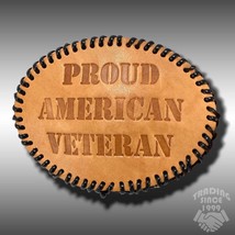 Vintage Belt Buckle Proud American Veteran Leather Engraved POW Military US - £23.81 GBP