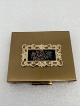 Vintage Frame Flower Embroidered Gold Tone Makeup Compact with Mirror Estate - £14.68 GBP
