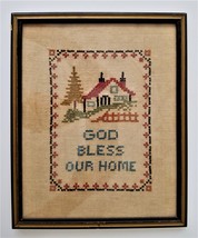 antique SAMPLER cross stitch GOD BLESS OUR HOME wood frame primitive art - £71.35 GBP