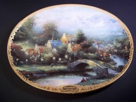 Thomas Kinkade oval porcelain collector plate Lamplight County gold rim 9x7" - $12.95