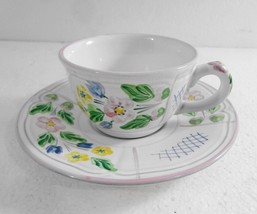 Herend Village Pottery Cup &amp; Saucer Set Trellis Pink Trim Handpainted in... - £24.64 GBP