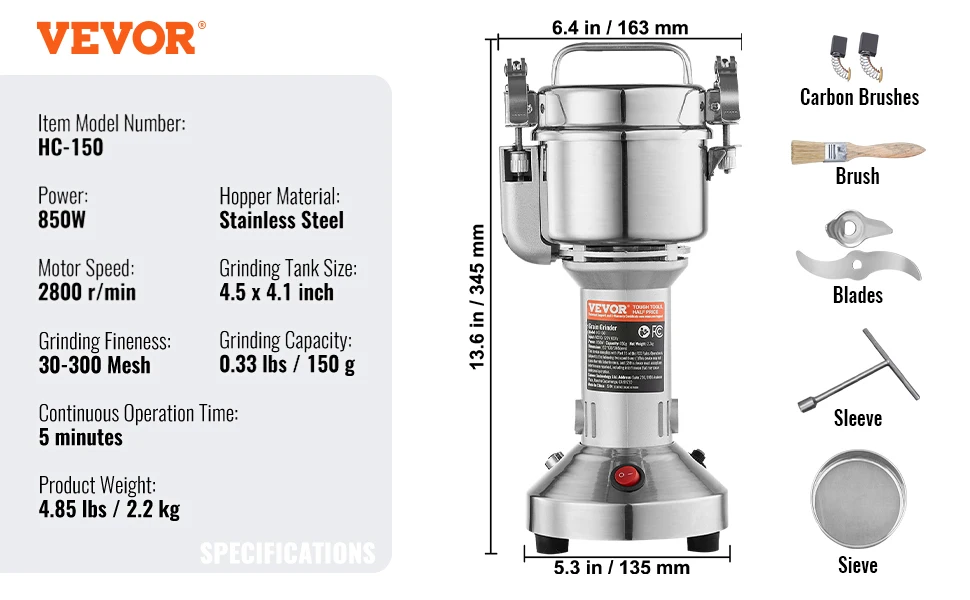 VEVOR 150 2500g Electric Grain Mill Grinder Commercial Swing Spice Grind... - $69.14