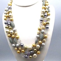 Vintage Silver and Gold Beaded Triple Strand Necklace with Gray Faux Pearls - £25.25 GBP