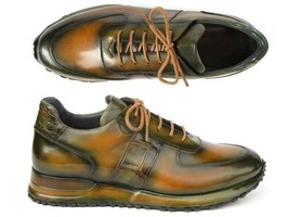 Paul Parkman Mens Shoes Sneakers Olive Green Leather Handmade Luxury LP2... - $379.99