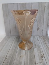 Vintage Jeanette Glass Iris and Herringbone Marigold 9&quot; Vase Ruffled Edge - $24.97