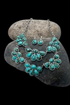 Southwest Navajo Style Silver Tone Faux Turquoise Cluster Earrings Necklace Set - £15.84 GBP