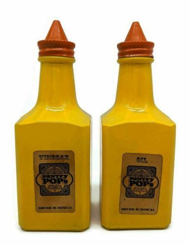 Vintage Gemco Pantry Pops Oil Vinegar Yellow w/ Orange Lids Retro Kitchen Decor - $15.51