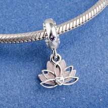 Mother&#39;s Day 925 Sterling Silver Serene Lotus Flower Dangle with Pink Enamel  - £13.79 GBP