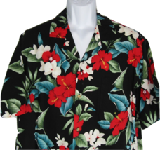 Vintage Evergreen Island Hawaiian Shirt Black Floral Tropical Pocket Men&#39;s Large - £16.53 GBP