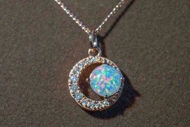 2CT Round Simulated Fire Opal &amp; Diamond Moon  Pendant 925 Silver Gold Plated  - £77.16 GBP