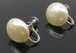 925 Sterling Silver - Shiny Button Pearl Non Pierce Screw Back Earrings - EG5838 - £22.42 GBP