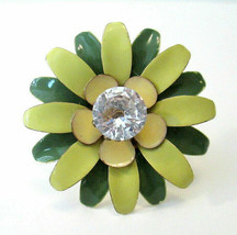 Green Flower Power RING Enamel Over Metal Adjustable Daisy Rhinestone Ce... - $14.00