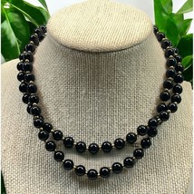 Vintage Black Beaded Necklace with Gold Bead Accents Glossy Elegant - £14.95 GBP