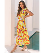 Yellow Cheetah Plant Print Shirred Button V Neck Maxi Dress - $503.56 MXN