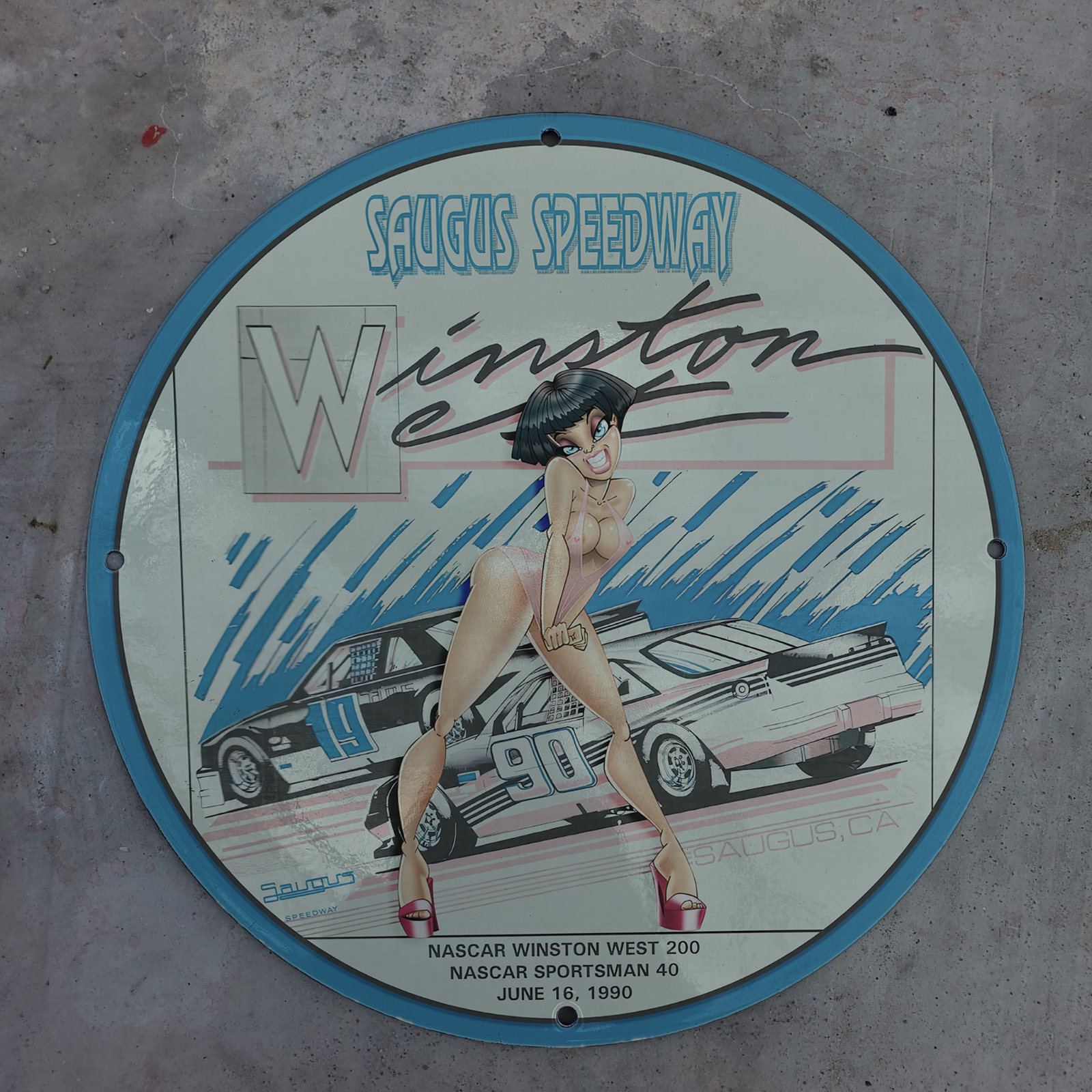 1990 Vintage Saugus Speedway Nascar Winston West 200 Porcelain Enamel SignAME... - $148.45