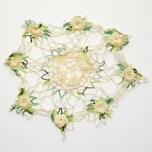 Vintage Crochet Cotton Lace Green &amp; Cream Raised Roses Doily Mat Center Table - £11.67 GBP