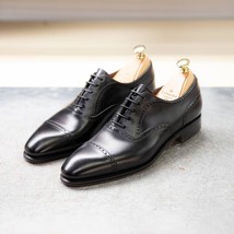 Mens Handmade Black Full Grain Leather Cap Toe Lace Up Formal Dress Shoes - £122.24 GBP+