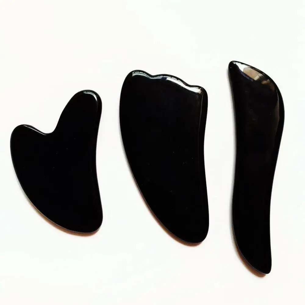 Gua Sha Tool 3Pcs Set Natural Black Obsidian Gua Sha Facial Scraping Massage Too - £41.38 GBP