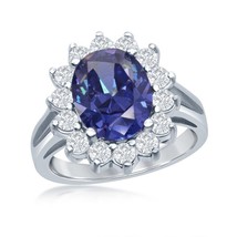 Sterling Silver Oval Tanzanite CZ with Clear CZ Border Stud Ring - £54.66 GBP