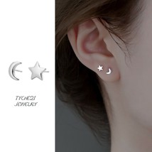 Surgical Steel Cute Tiny Moon Star Asymmetric Stud Earrings Women Trendy Jewelry - £7.90 GBP