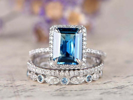 4Ct Emerald Cut Lab Created London Blue Topaz Trio Set Ring 14K White Gold Over - £80.16 GBP
