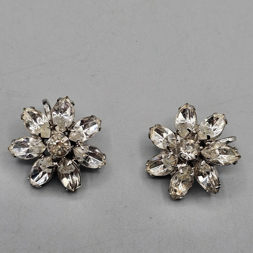 Vintage Rhinestone Flower Earrings Clip On Silver Tone Stud Classic - $19.99