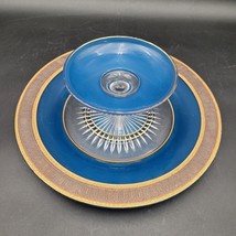 Two Piece Moser? Blue Gold Glass Shrimp Cocktail Hors D&#39;oeuvre Plate &amp; C... - £39.12 GBP
