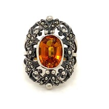 Vintage Signed Sterling Victorian Art Deco Floral Citrine Stone Oval Ring Band 6 - $54.45