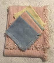 Vtg Pink Tablecloth + 4 Napkins Checkered Woven Farmhouse fringe 34x36 sq pastel - $31.36