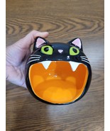 Halloween Black Cat Kitty Candle Treat Candy Bowl Ceramic Sponge Holder ... - $18.00