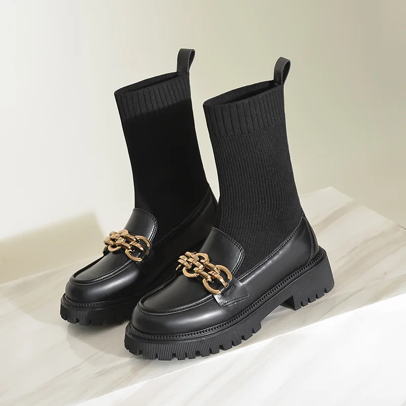 The latest    chain thick boots with high barrel stocs bigger sizes Women - $141.95