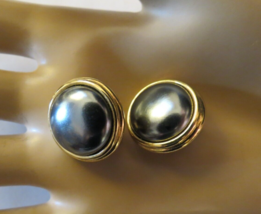 Monet Comfort Clip Earrings Gold Tone Gray Stones Round Button Style .75" Luxury - $17.99