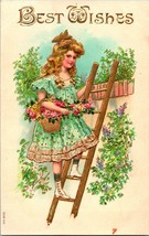 Vtg Postcard 1900s Embossed &amp; Gilded Best Wishes Girl Picking Flowers on Ladder - £4.15 GBP